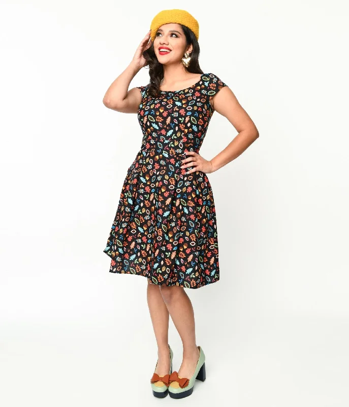  Women's Weekend OutfitRetrolicious Black Leaves & Acorns Margaret Flare Dress Women's Weekend Outfit