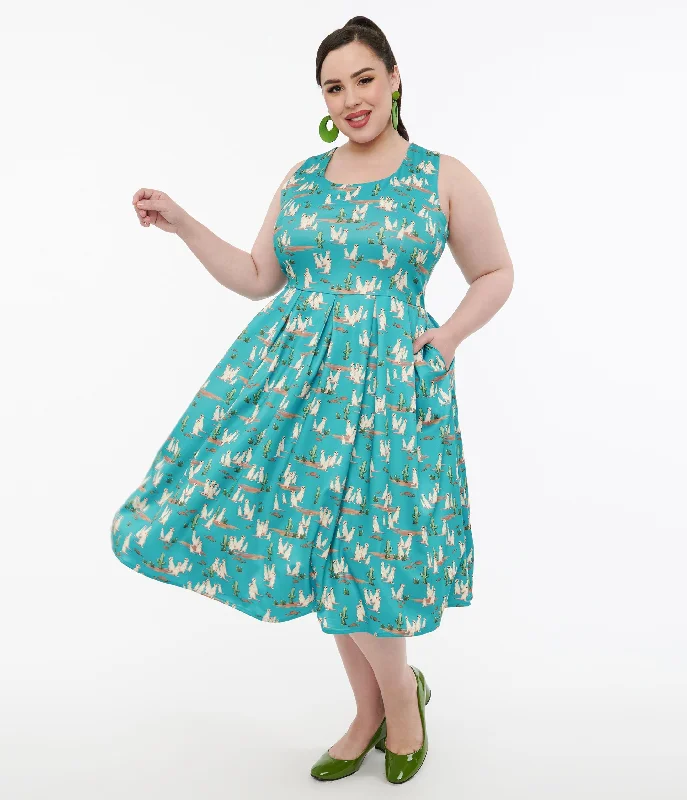  High-End Women's ApparelDolly & Dotty 1950s Turquoise Meerkat Print Amanda Swing Dress High-End Women's Apparel