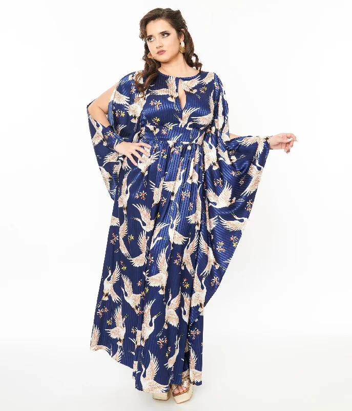  Unique Women's Fashion PiecesUnique Vintage 1960s Navy Crane Flutter Sleeve Caftan Unique Women's Fashion Pieces