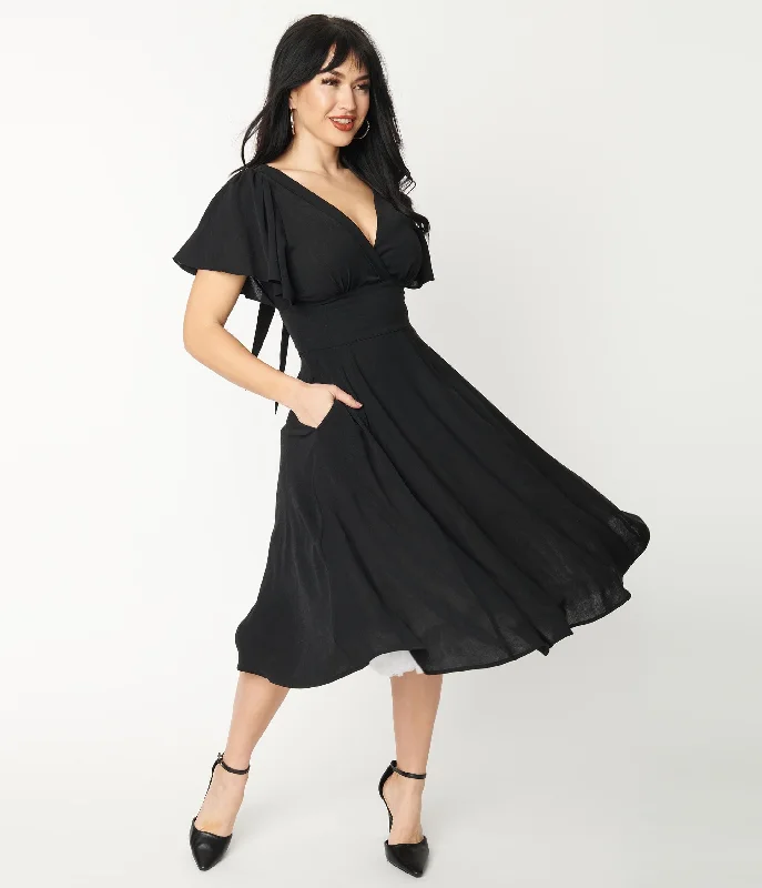  Women's Classic OutfitUnique Vintage 1940s Black Texture Swing Dress Women's Classic Outfit