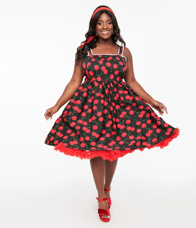  Clearance Sale OnlineUnique Vintage Plus Size 1950s Black & Cherry Print Cotton Pinafore Swing Dress Clearance Sale Online