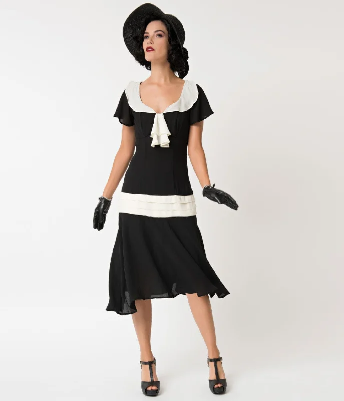  Women's Travel Outfit SetUnique Vintage 1920s Black & Cream Wilshire Flapper Day Dress Women's Travel Outfit Set