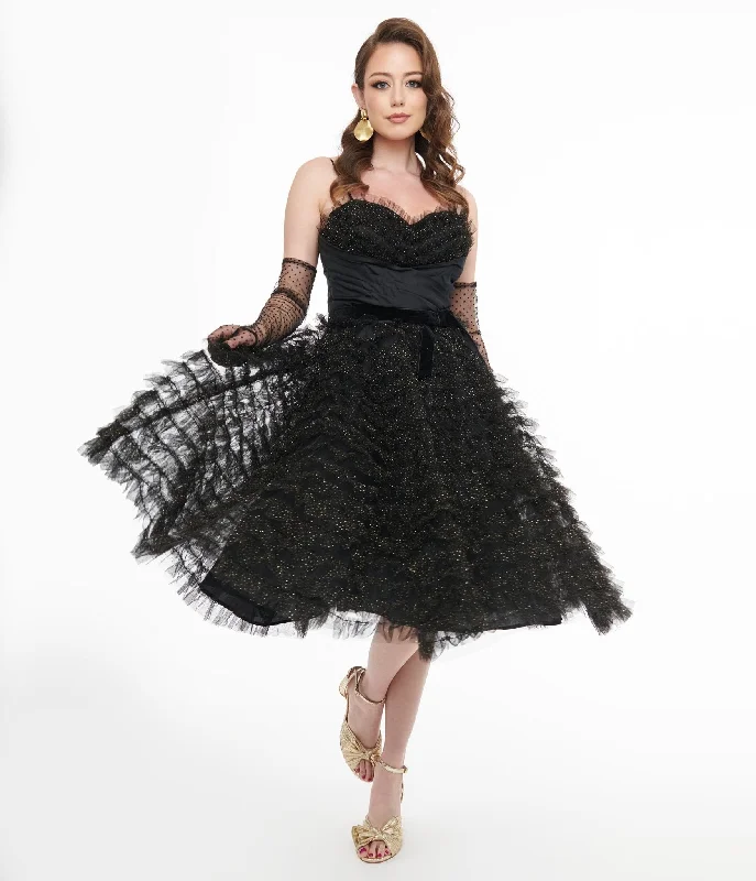  Affordable Online BoutiqueUnique Vintage 1950s Black & Gold Glitter Tulle Cupcake Swing Dress Affordable Online Boutique