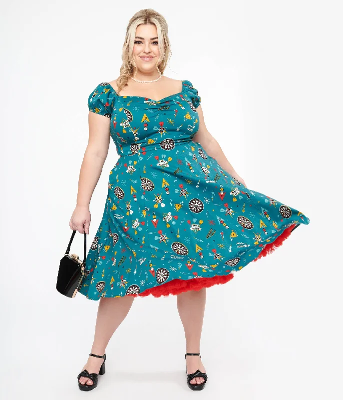  Comfortable Casual WearPlus Size 1950s Teal Dart Board Keep Em Flying Cotton Swing Dress Comfortable Casual Wear