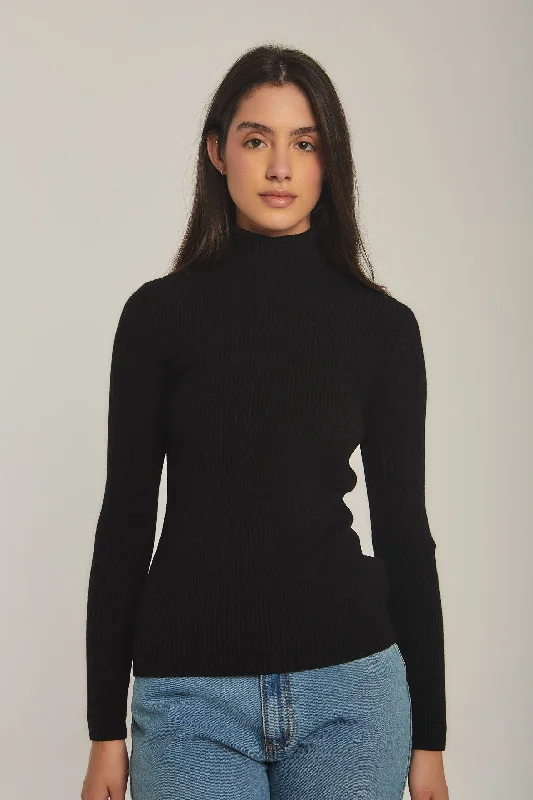  Preppy StyleWomen Pullover Basic High Neck Black Preppy Style