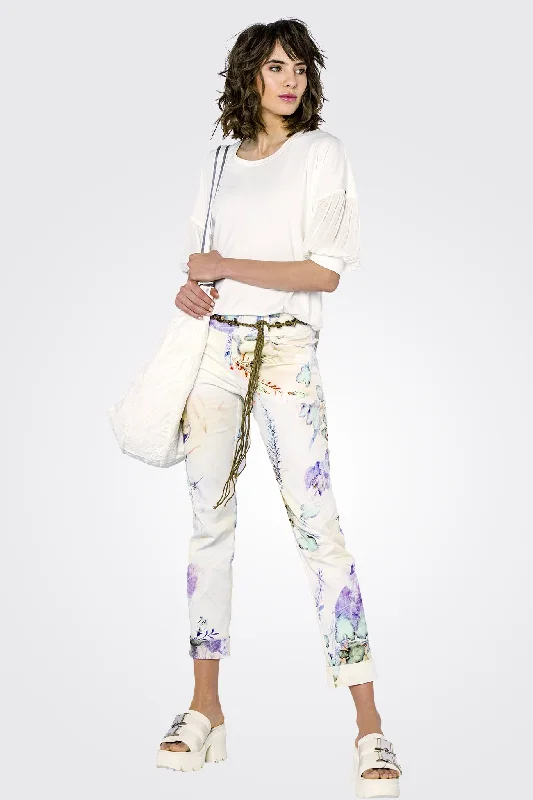  Women's Stylish OuterwearFloral Roll Up Trousers - Cream Amethyst Women's Stylish Outerwear